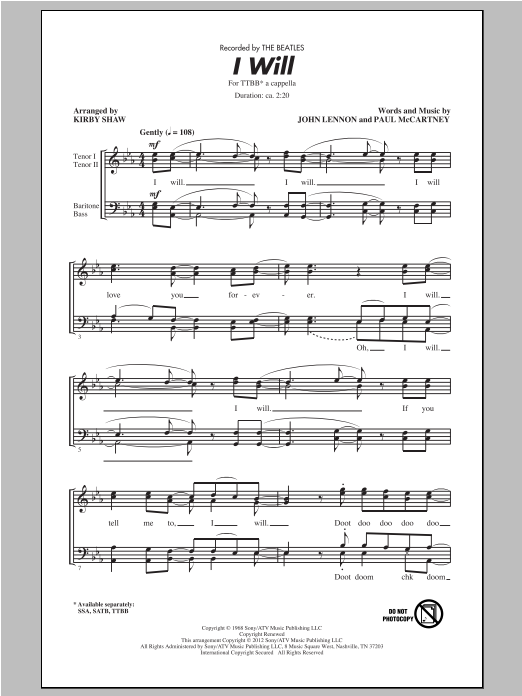 Download The Beatles I Will (arr. Kirby Shaw) Sheet Music