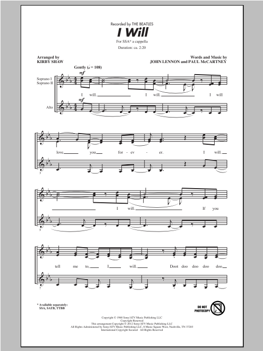 Download The Beatles I Will (arr. Kirby Shaw) Sheet Music