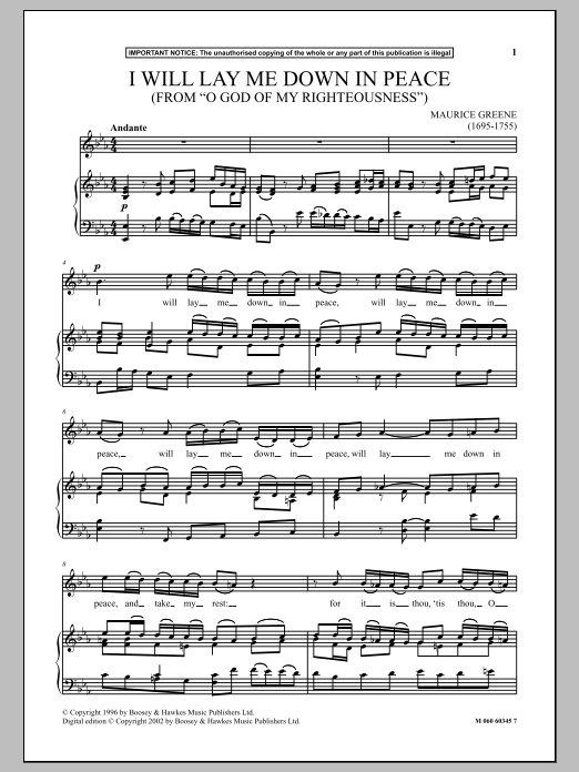 Download Maurice Greene I Will Lay Me Down In Peace (from O God Sheet Music