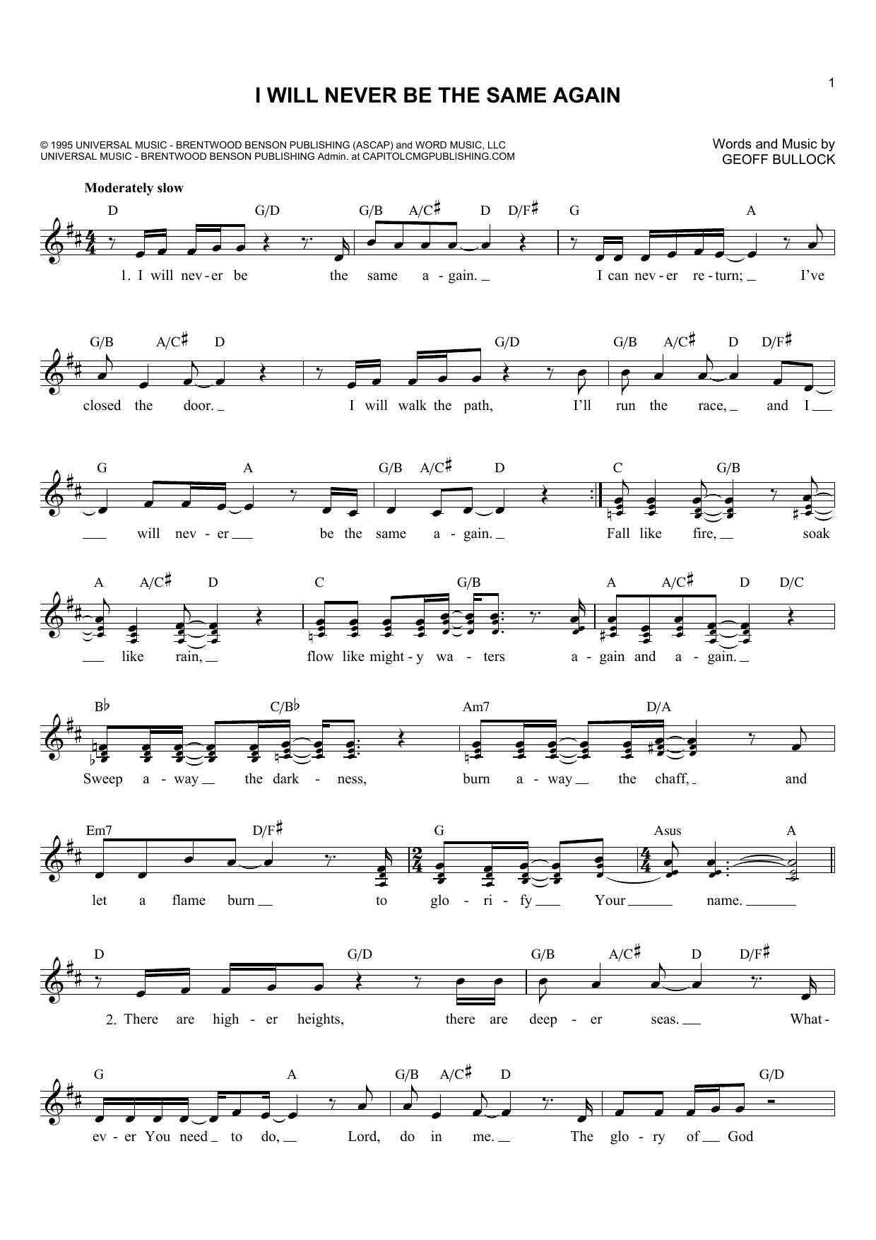 Download Geoff Bullock I Will Never Be The Same Again Sheet Music