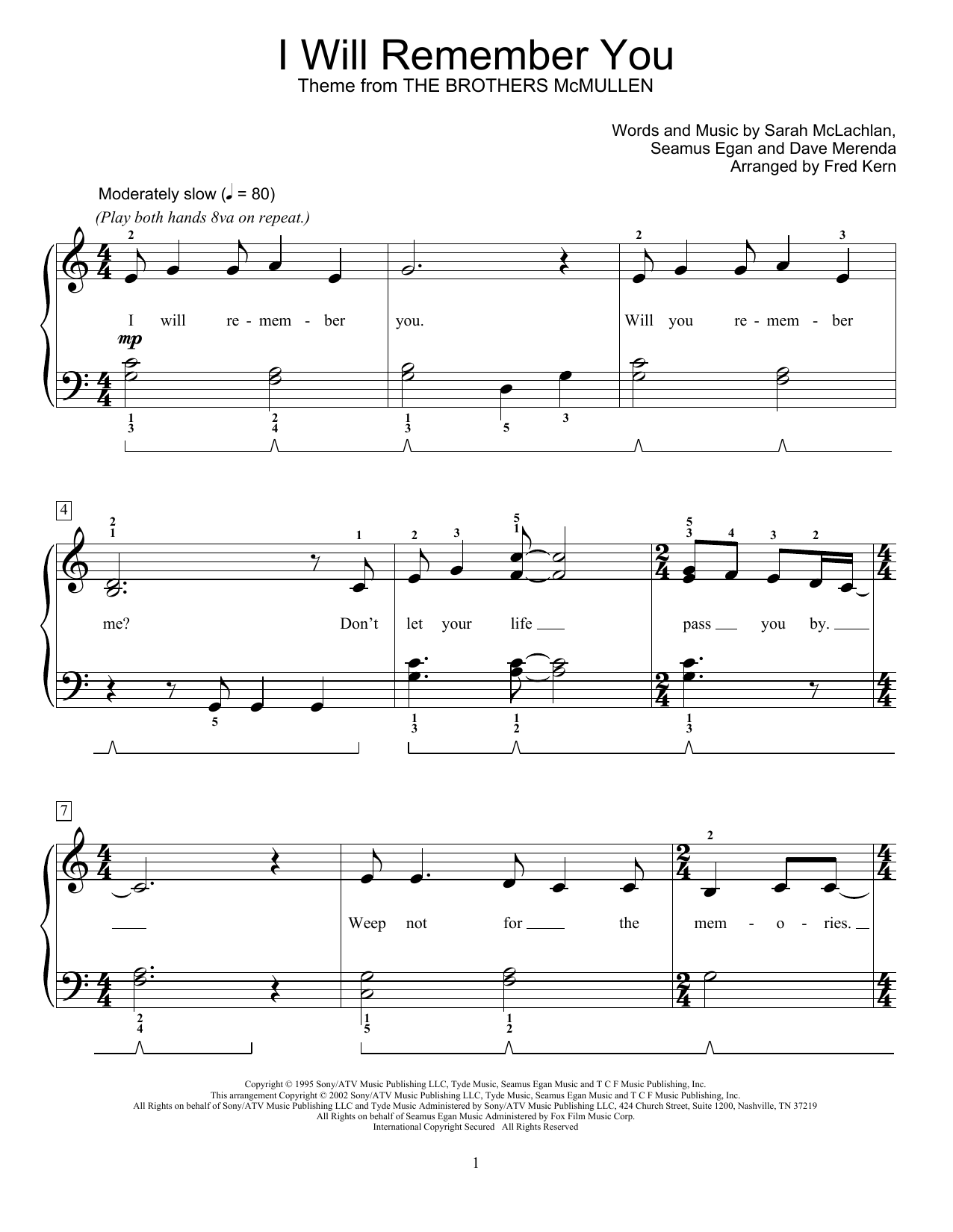 Download Sarah McLachlan I Will Remember You (arr. Fred Kern) Sheet Music