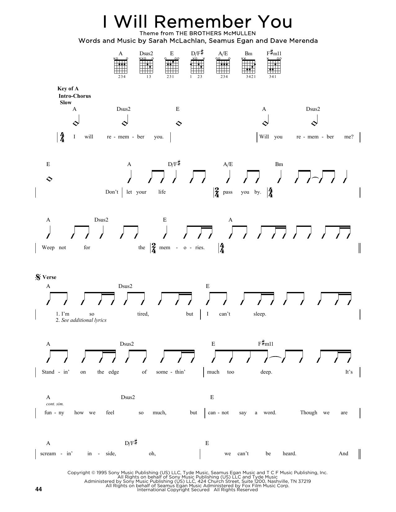 Sarah McLachlan I Will Remember You sheet music notes printable PDF score