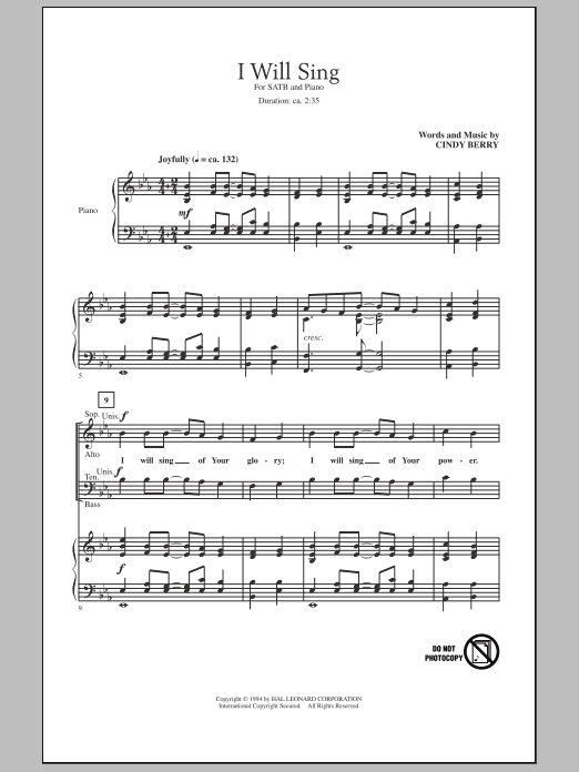 Download Cindy Berry I Will Sing Sheet Music