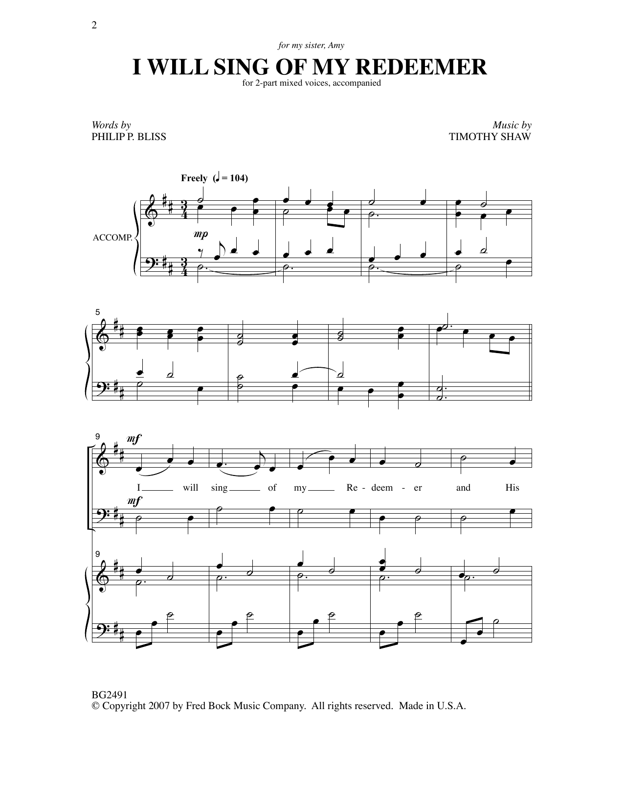 Timothy Shaw I Will Sing Of My Redeemer sheet music notes printable PDF score