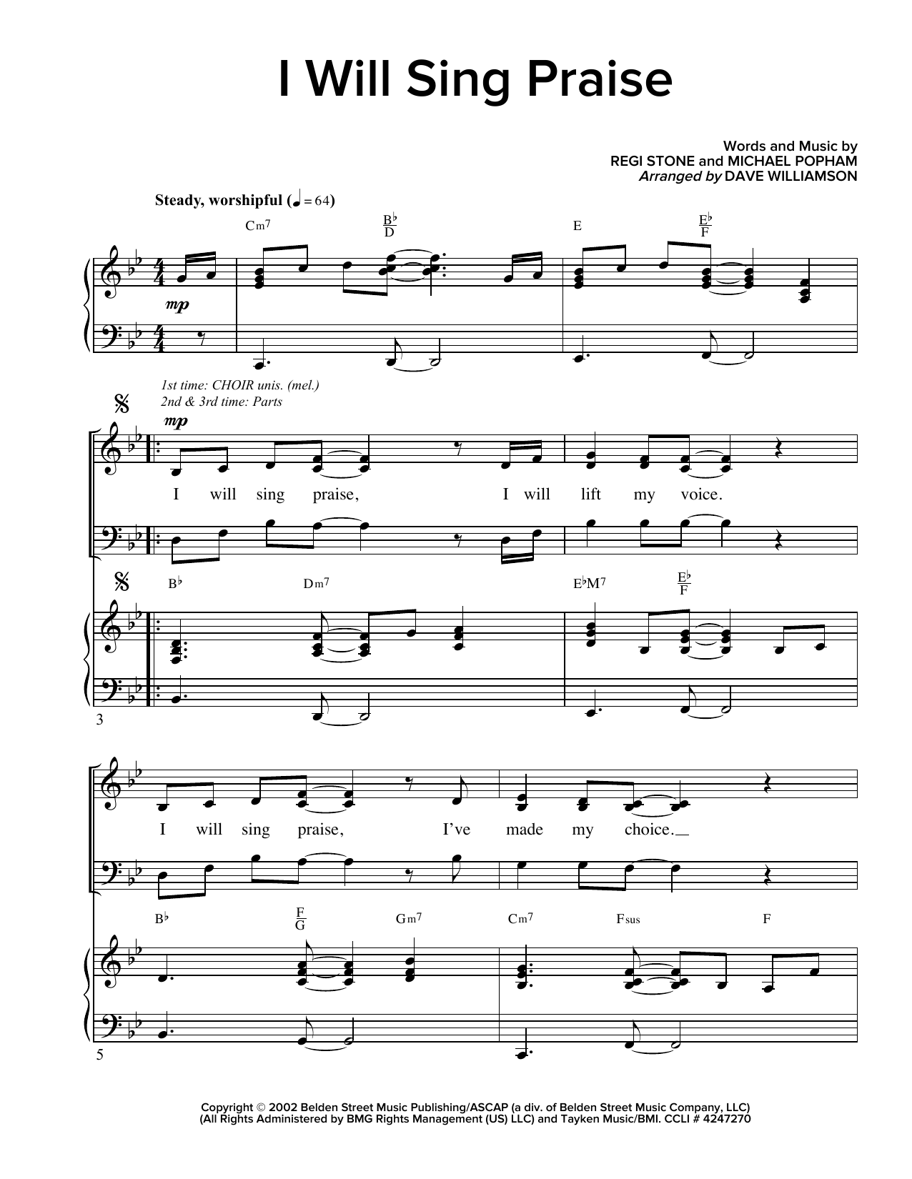 Download Regi Stone I Will Sing Praise (arr. Dave Williamso Sheet Music