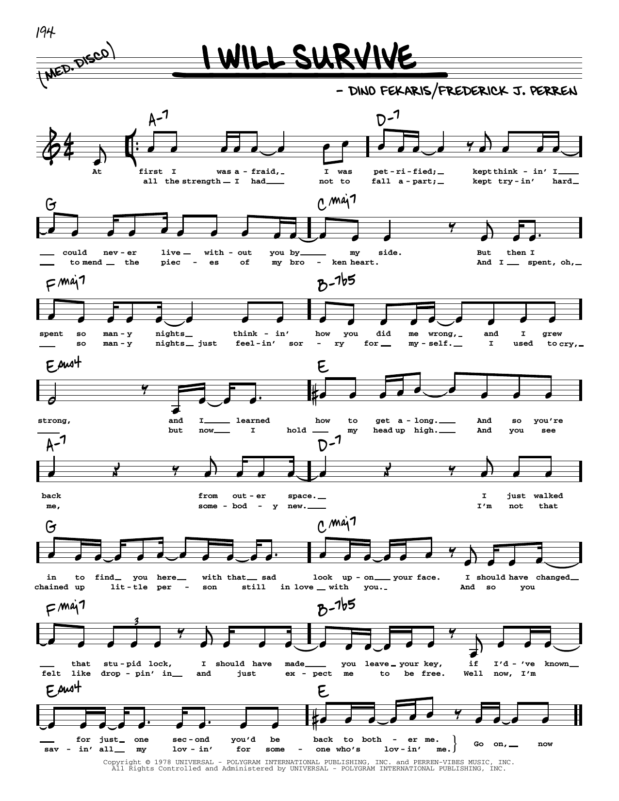 Download Gloria Gaynor I Will Survive Sheet Music
