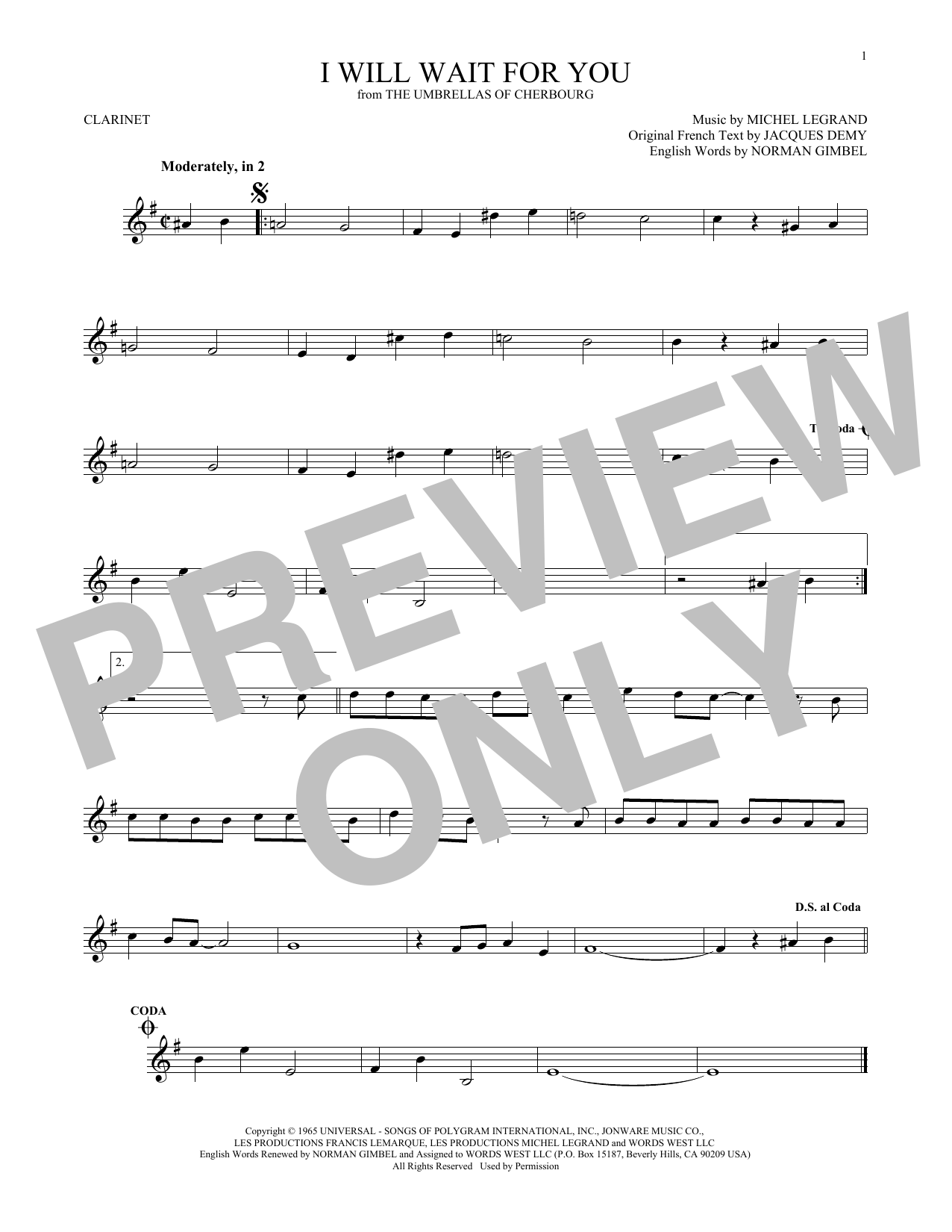 Download Michel Legrand I Will Wait For You Sheet Music