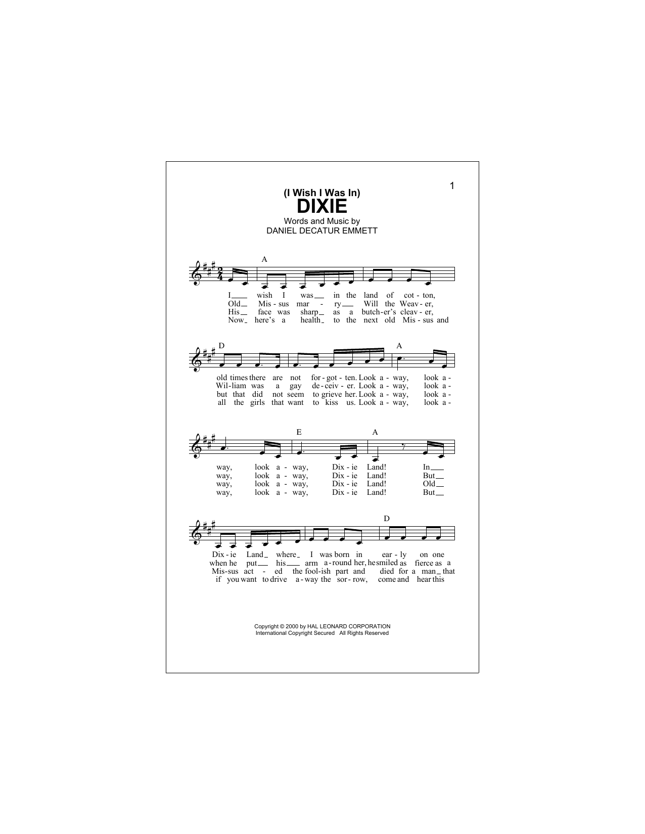 Download Daniel Decatur Emmett (I Wish I Was In) Dixie Sheet Music