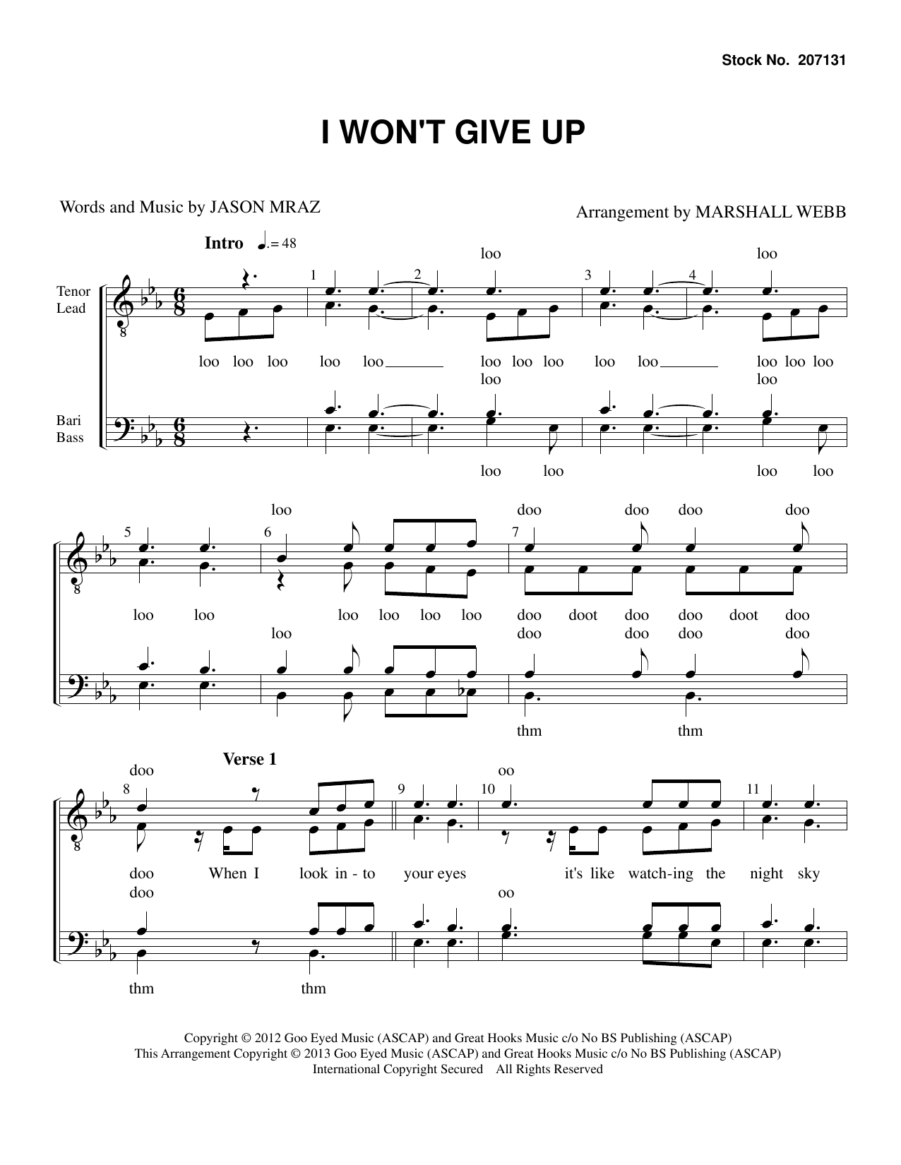 Download Jason Mraz I Won't Give Up (arr. Marshall Webb) Sheet Music