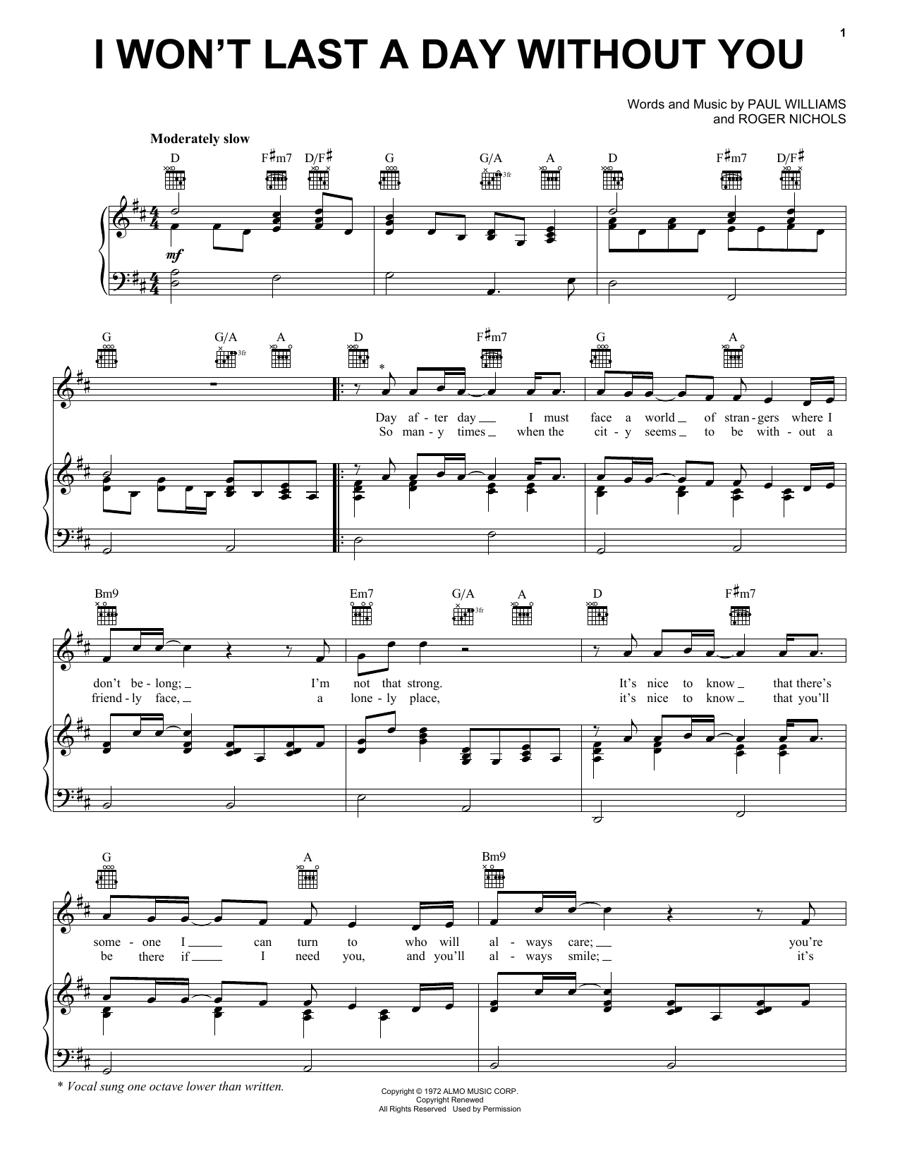 Download Carpenters I Won't Last A Day Without You Sheet Music