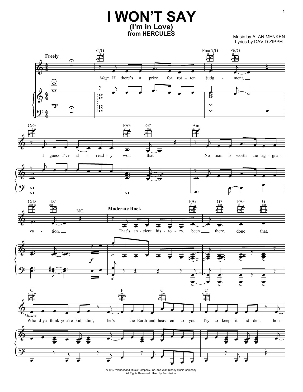 Download Alan Menken I Won't Say (I'm In Love) (from Disney' Sheet Music