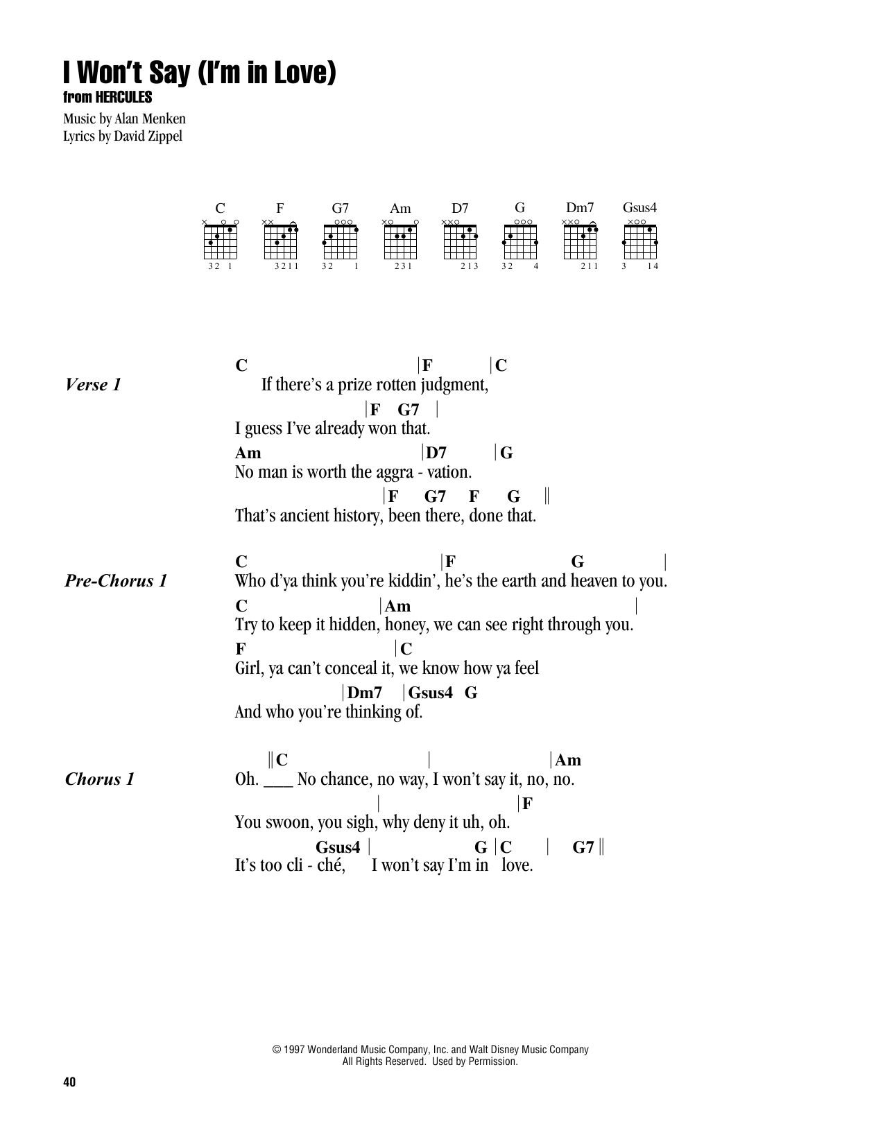 Download Alan Menken I Won't Say (I'm In Love) (from Hercule Sheet Music