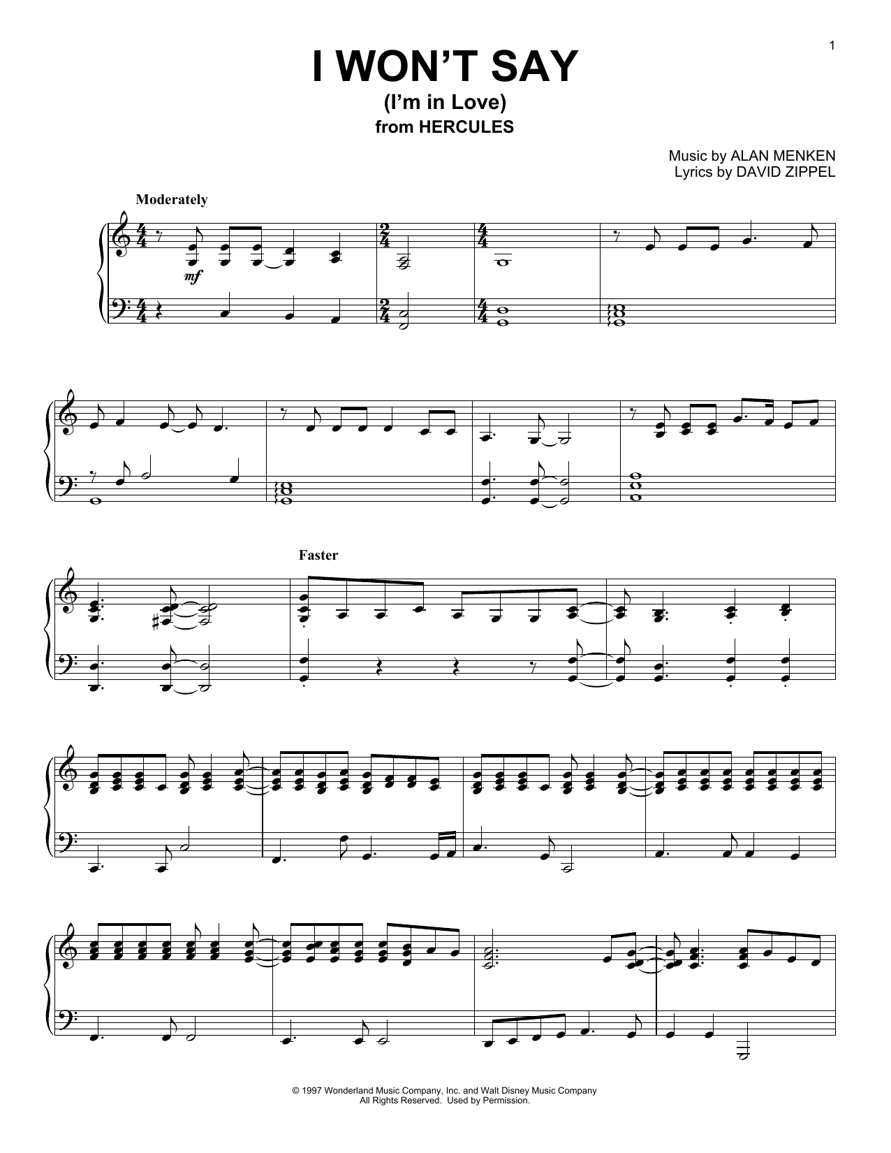 Download Alan Menken I Won't Say (I'm In Love) (from Hercule Sheet Music