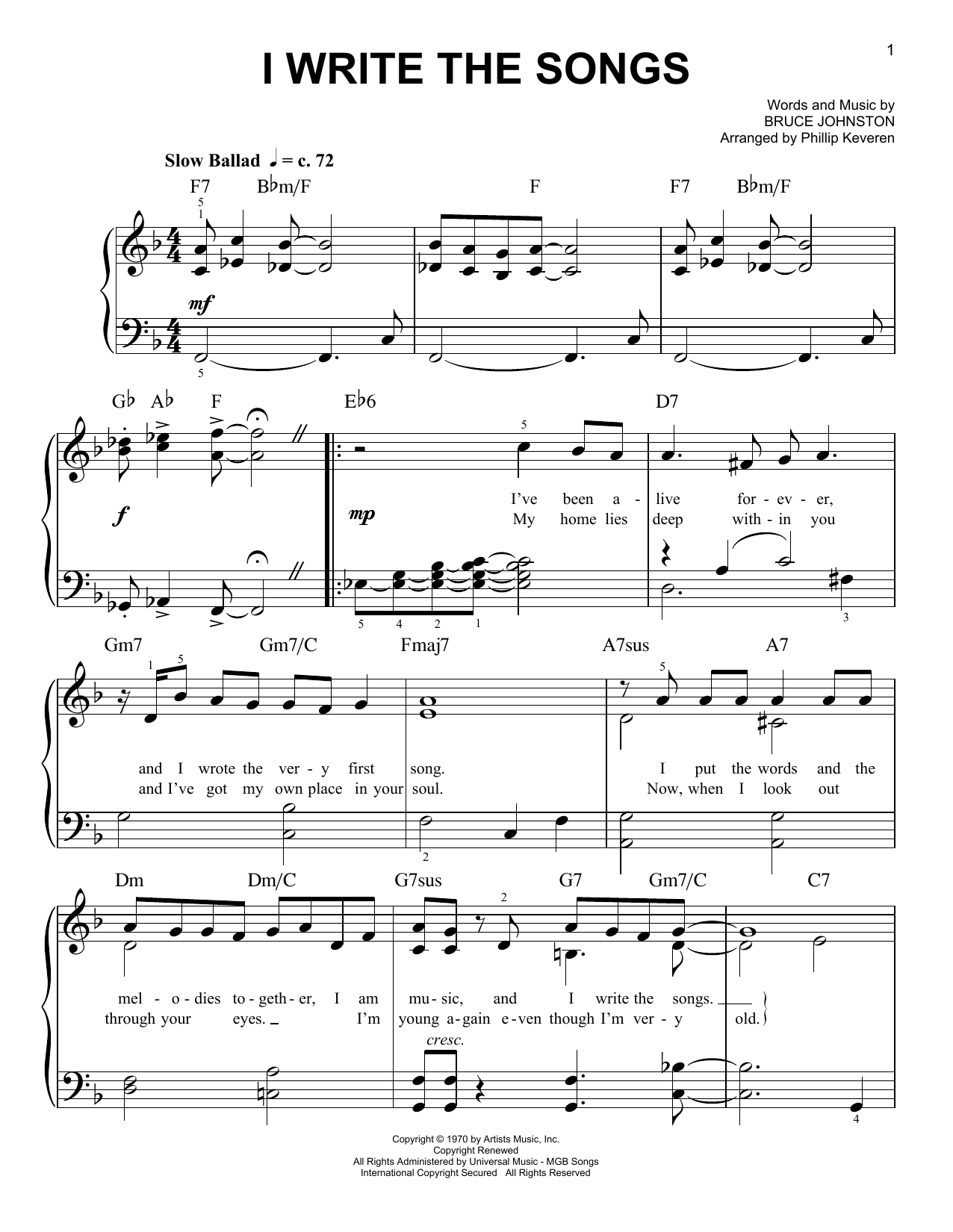 Download Barry Manilow I Write The Songs (arr. Phillip Keveren Sheet Music