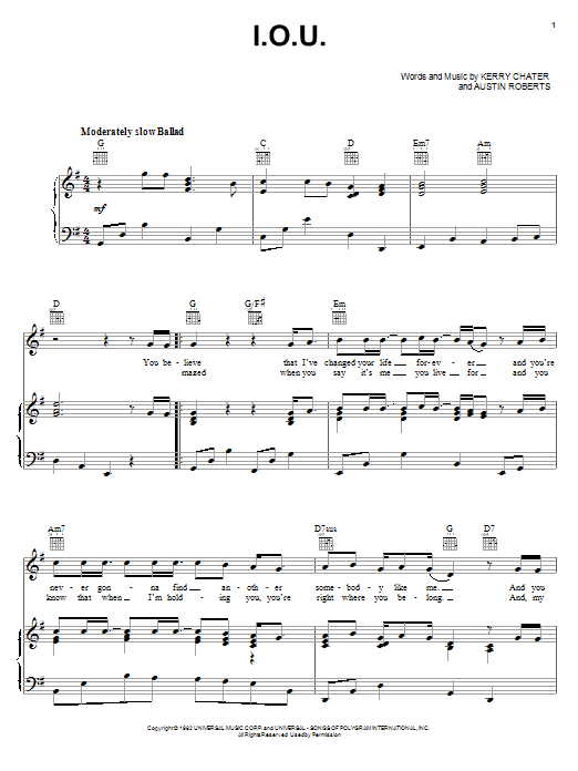 Lee Greenwood I.O.U. sheet music notes printable PDF score