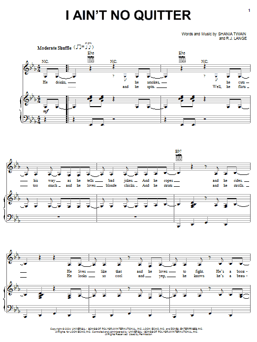 Shania Twain I Ain't No Quitter sheet music notes printable PDF score