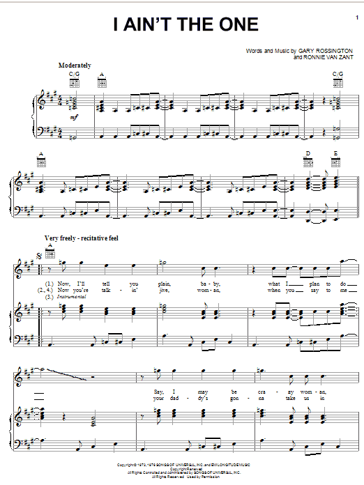 Lynyrd Skynyrd I Ain't The One sheet music notes printable PDF score