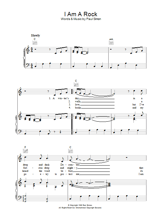 Download or print Simon & Garfunkel I Am A Rock Sheet Music Printable PDF 2-page score for Folk / arranged Piano Chords/Lyrics SKU: 357853.