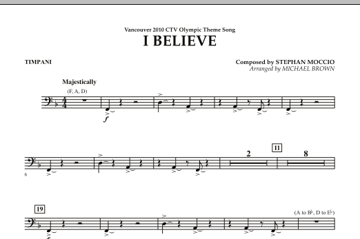 Michael Brown I Believe (Vancouver 2010 CTV Olympic Theme Song) - Timpani sheet music notes printable PDF score