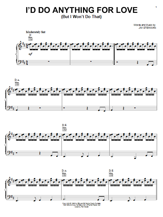 Meat Loaf I'd Do Anything For Love (But I Won't Do That) sheet music notes printable PDF score