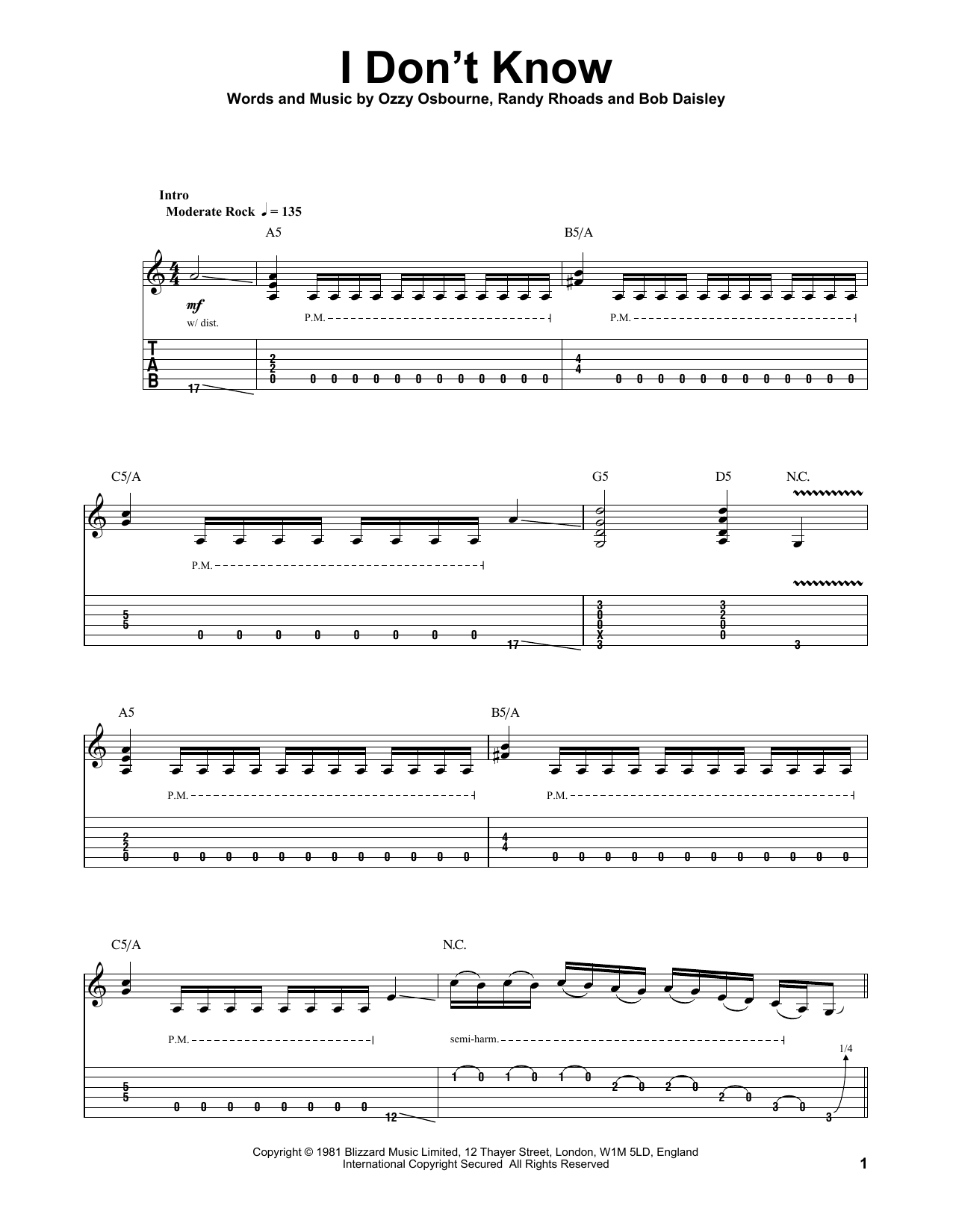 Download Ozzy Osbourne I Don't Know Sheet Music