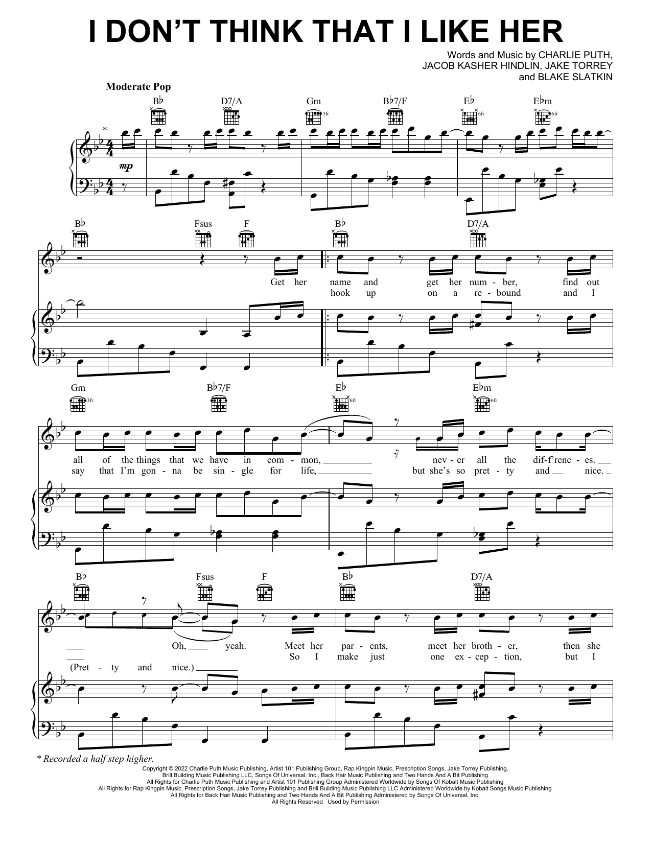 Charlie Puth I Don't Think That I Like Her sheet music notes printable PDF score