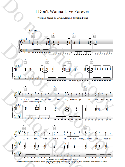 Bryan Adams I Don't Wanna Live Forever sheet music notes printable PDF score