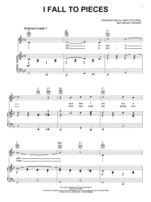 Patsy Cline I Fall To Pieces sheet music notes printable PDF score