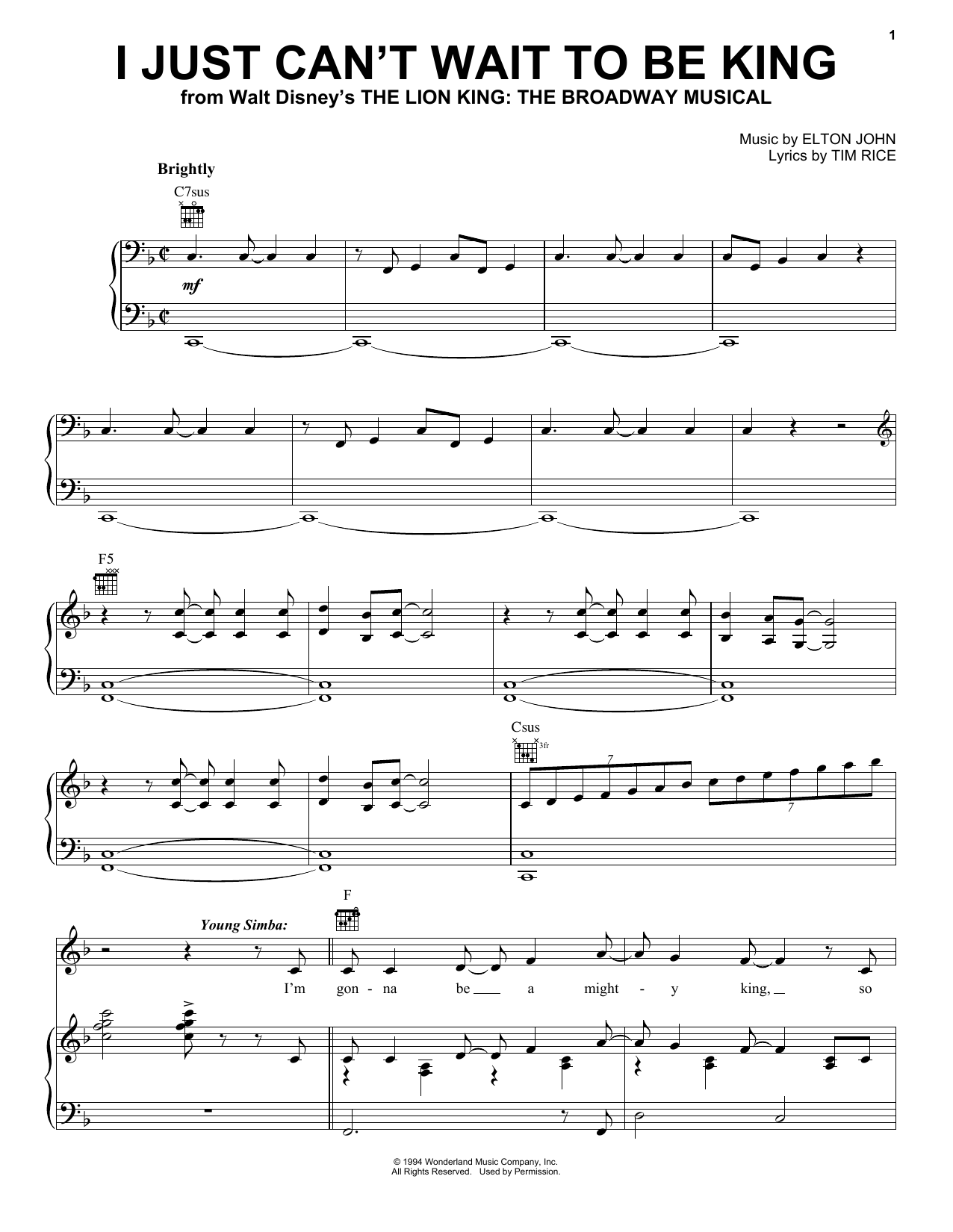 Elton John I Just Can't Wait To Be King (from The Lion King: Broadway Musical) sheet music notes printable PDF score