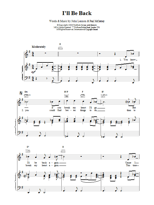 The Beatles I'll Be Back sheet music notes printable PDF score
