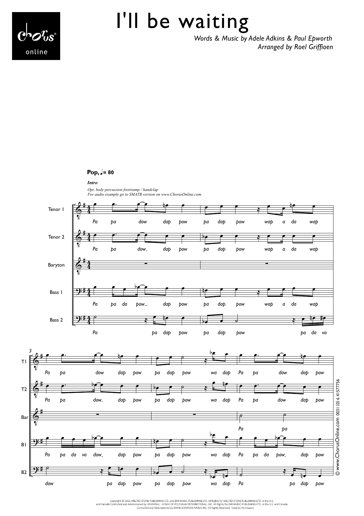 Adele I'll Be Waiting (arr. Roel Griffioen) sheet music notes printable PDF score