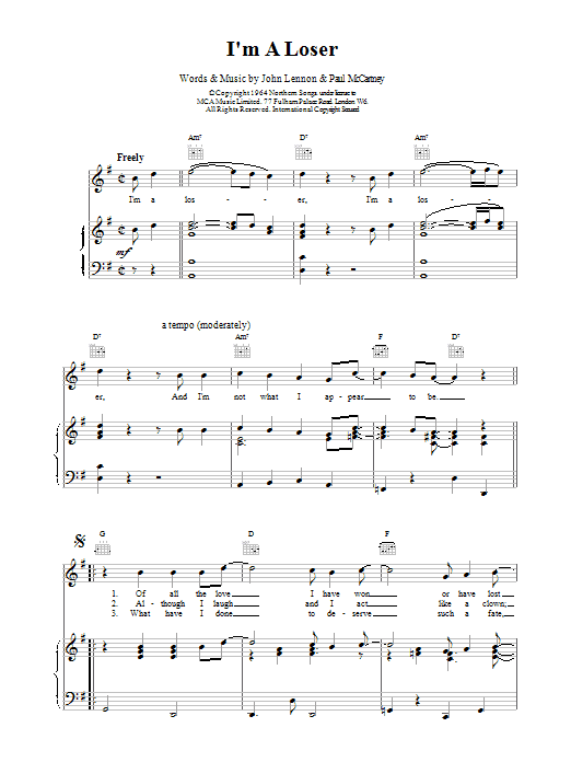 The Beatles I'm A Loser sheet music notes printable PDF score