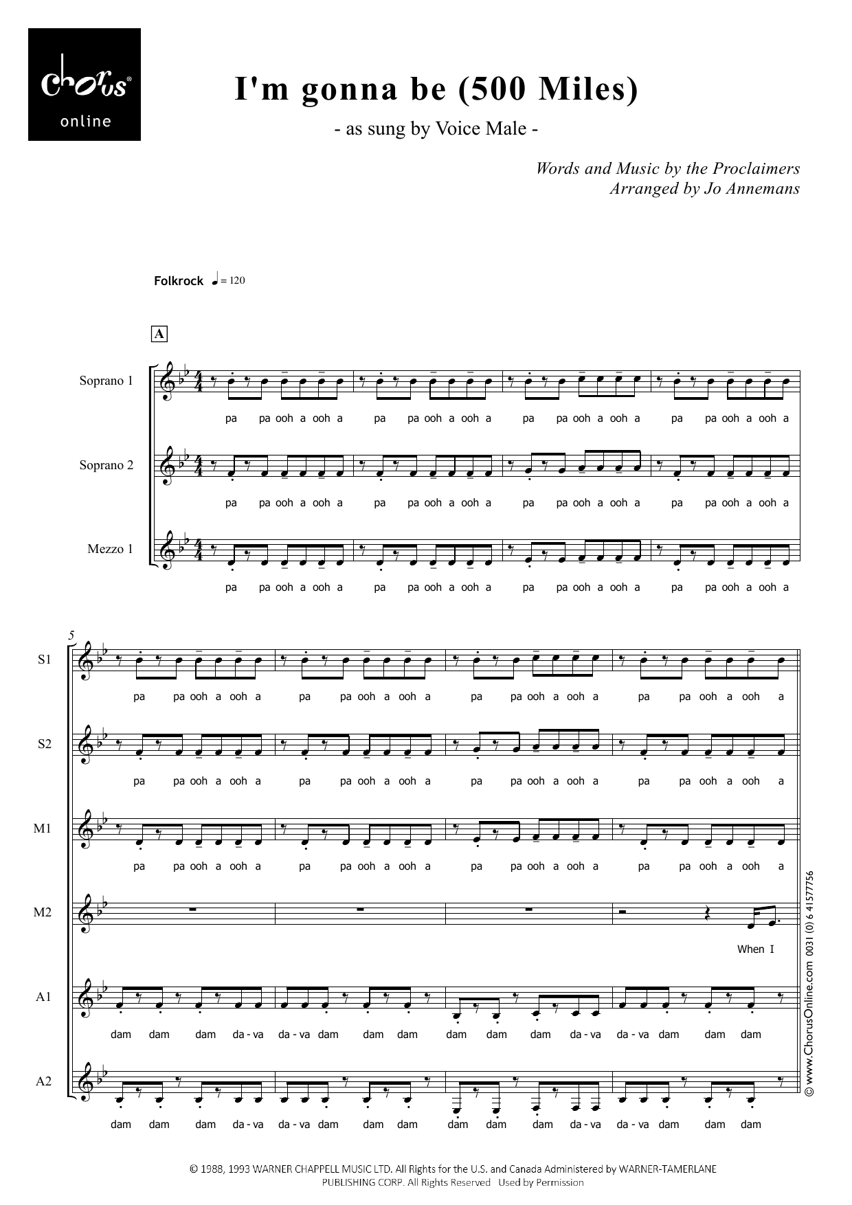 The Proclaimers I'm Gonna Be (500 Miles) (arr. Jo Annemans) sheet music notes printable PDF score