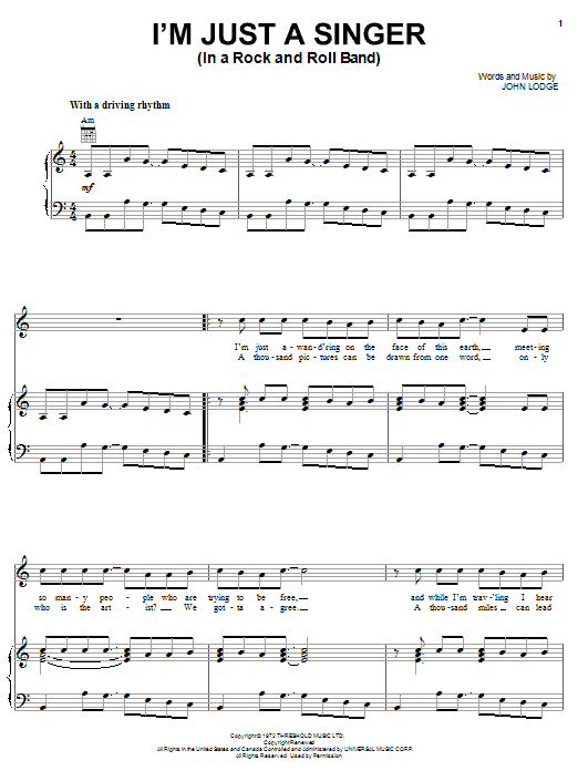 The Moody Blues I'm Just A Singer (In A Rock And Roll Band) sheet music notes printable PDF score