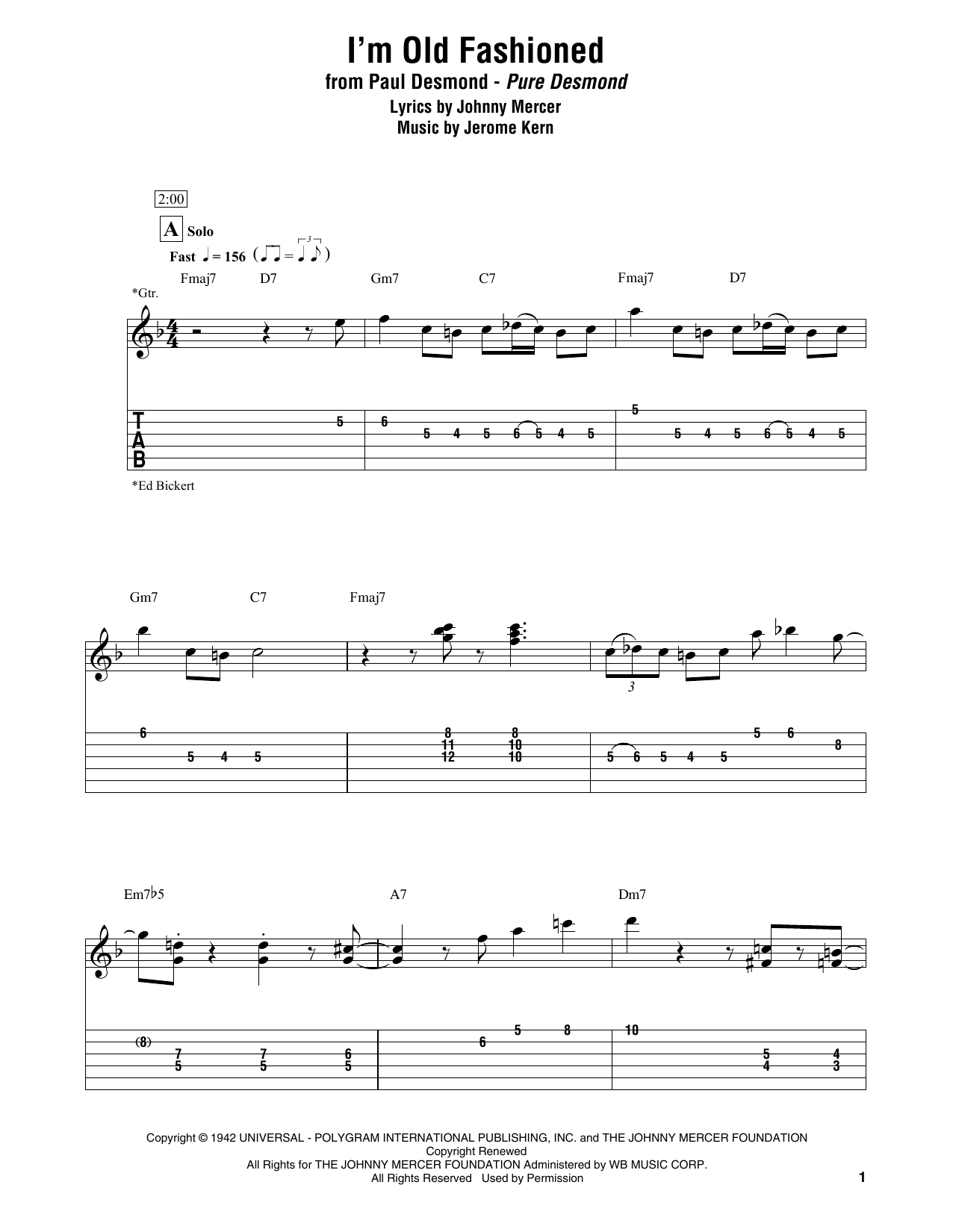 Paul Desmond I'm Old Fashioned sheet music notes printable PDF score