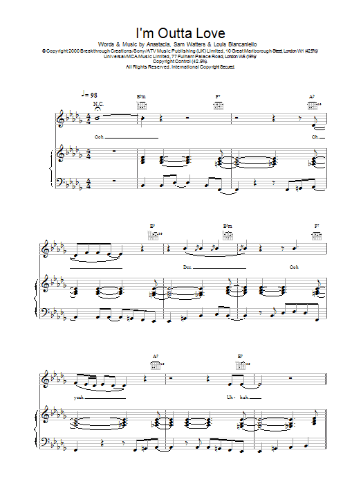 Anastacia I'm Outta Love sheet music notes printable PDF score