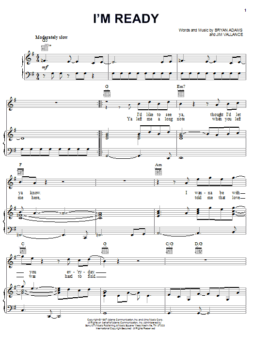 Bryan Adams I'm Ready sheet music notes printable PDF score