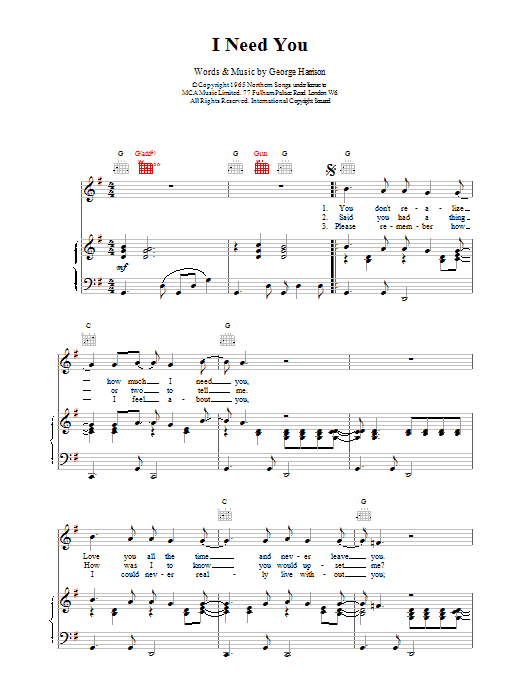 The Beatles I Need You sheet music notes printable PDF score