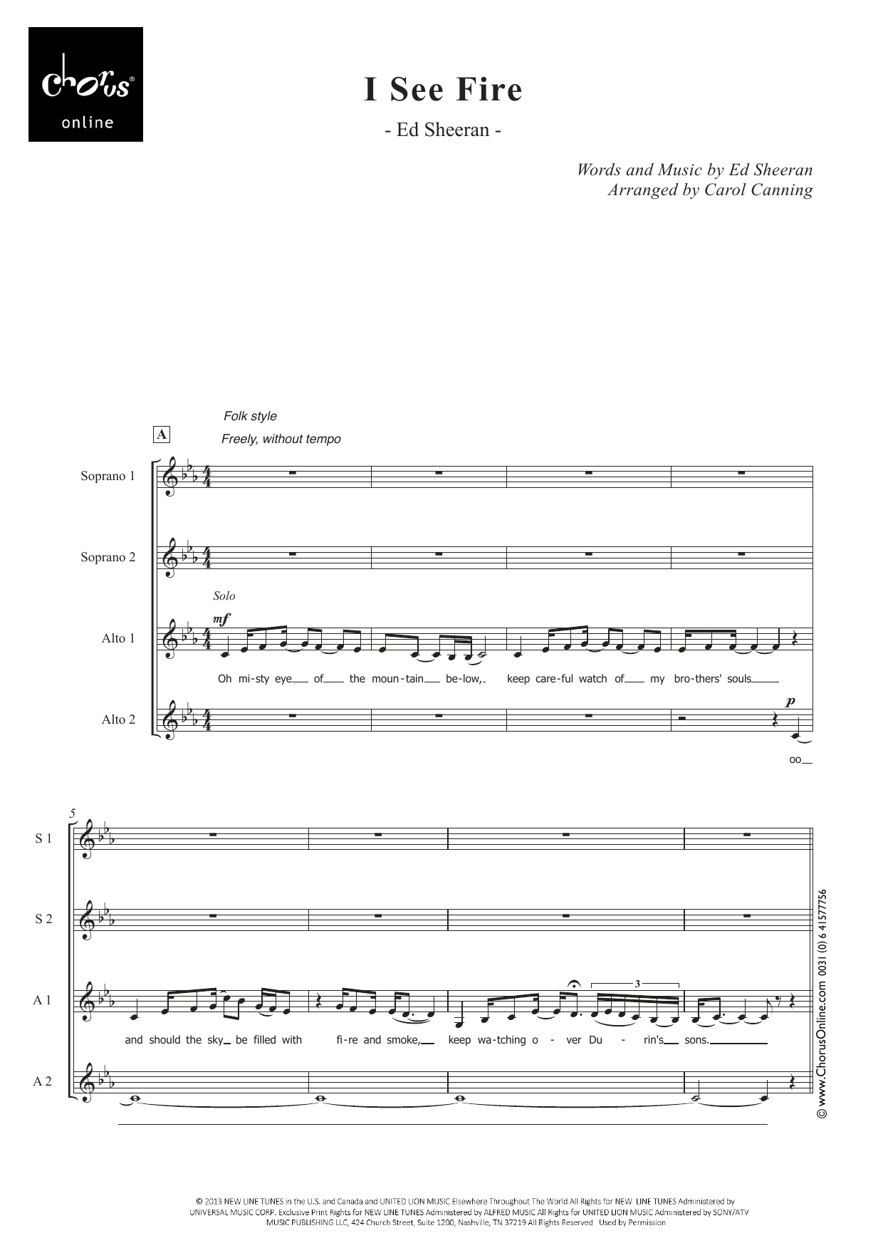 Ed Sheeran I See Fire (arr. Carol Canning) sheet music notes printable PDF score