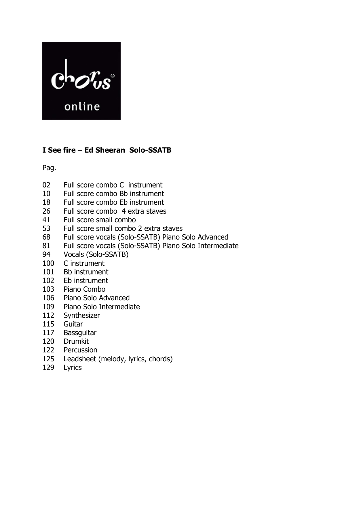 Ed Sheeran I See Fire (arr. Dirk Kokx) sheet music notes printable PDF score