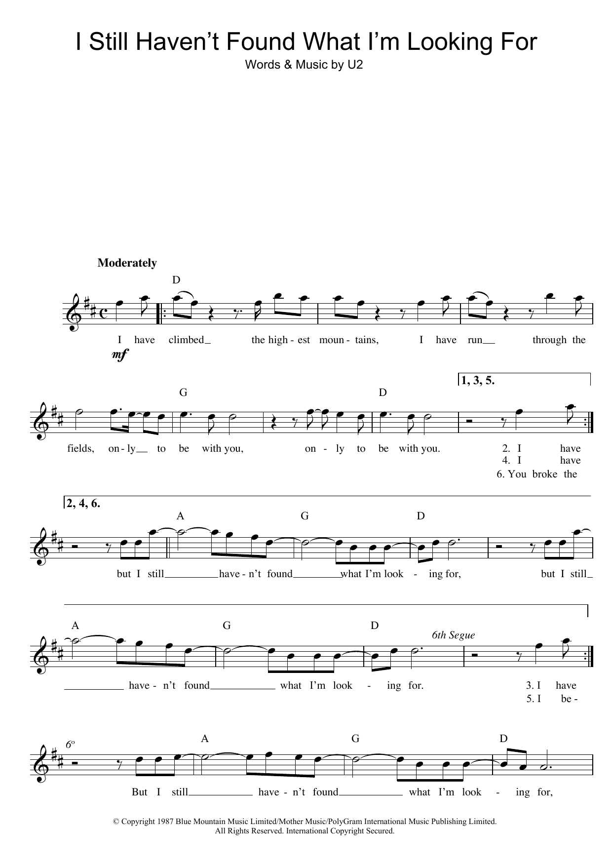 U2 I Still Haven't Found What I'm Looking For sheet music notes printable PDF score