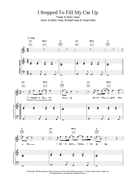 Stereophonics I Stopped To Fill My Car Up sheet music notes printable PDF score