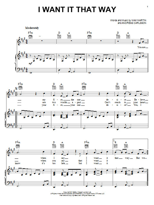 Backstreet Boys I Want It That Way sheet music notes printable PDF score