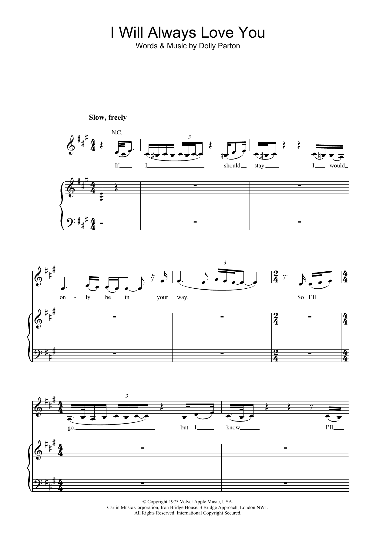 Whitney Houston I Will Always Love You sheet music notes printable PDF score