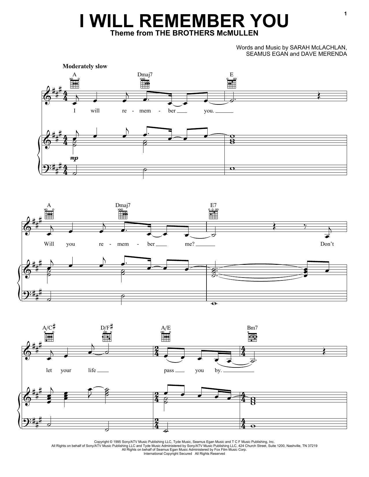 Sarah McLachlan I Will Remember You sheet music notes printable PDF score