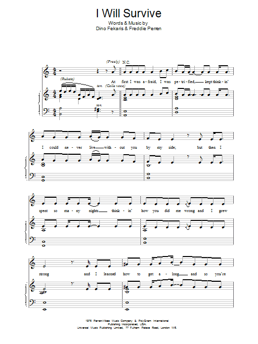 Gloria Gaynor I Will Survive sheet music notes printable PDF score