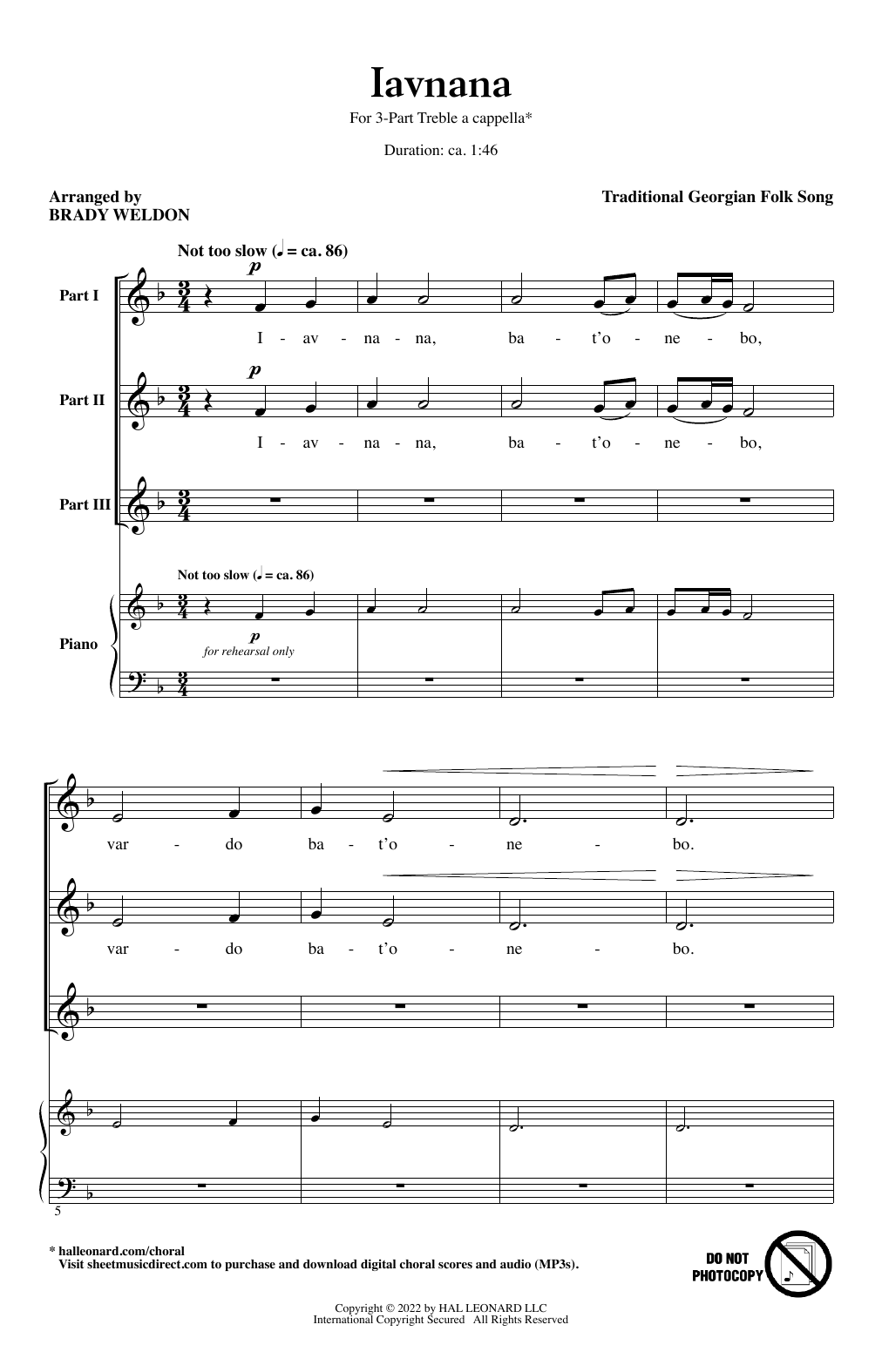 Download Traditional Georgian Folk Song Iavnana (arr. Brady Weldon) Sheet Music