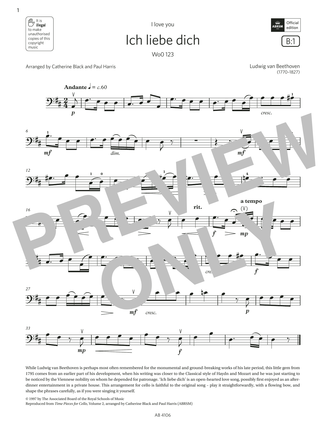 Download Ludwig van Beethoven Ich liebe dich (Grade 3, B1, from the A Sheet Music