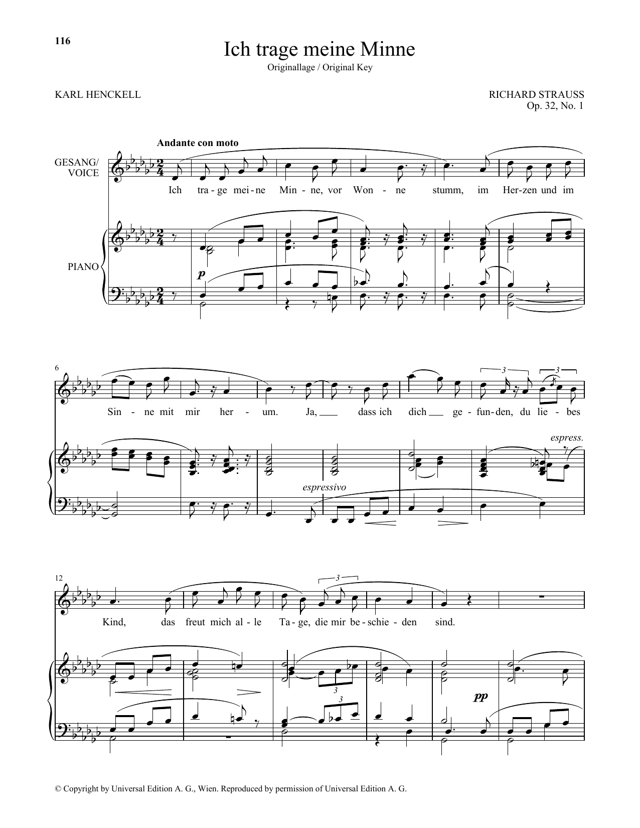 Download Richard Strauss Ich Trage Meine Minne (High Voice) Sheet Music