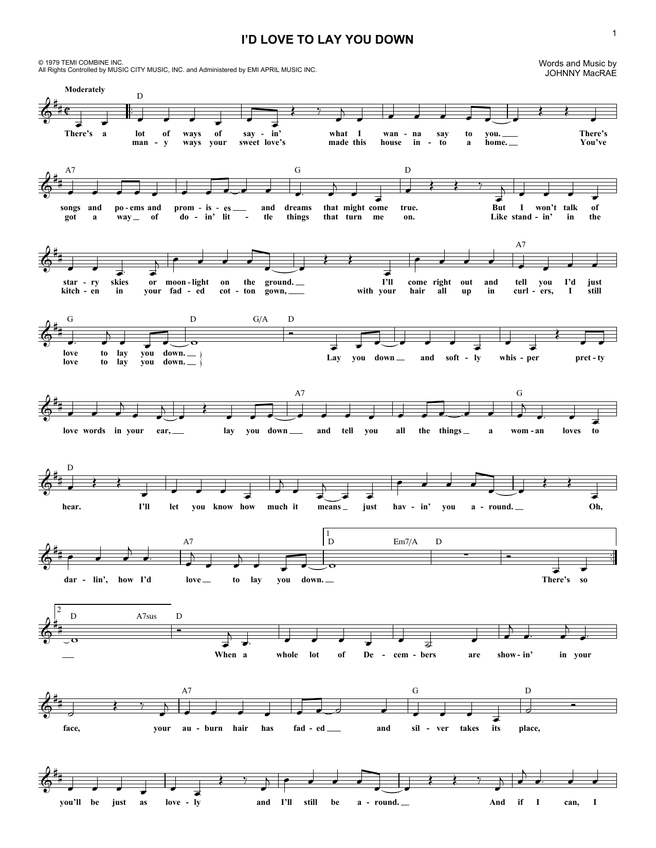 Download Conway Twitty I'd Love To Lay You Down Sheet Music